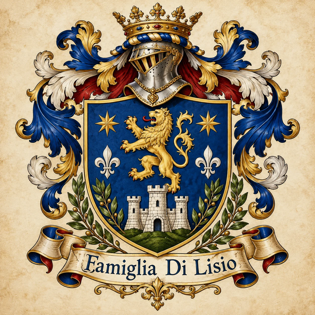 Stemma artistico della Famiglia Di Lisio: leone dorato e castello su scudo blu